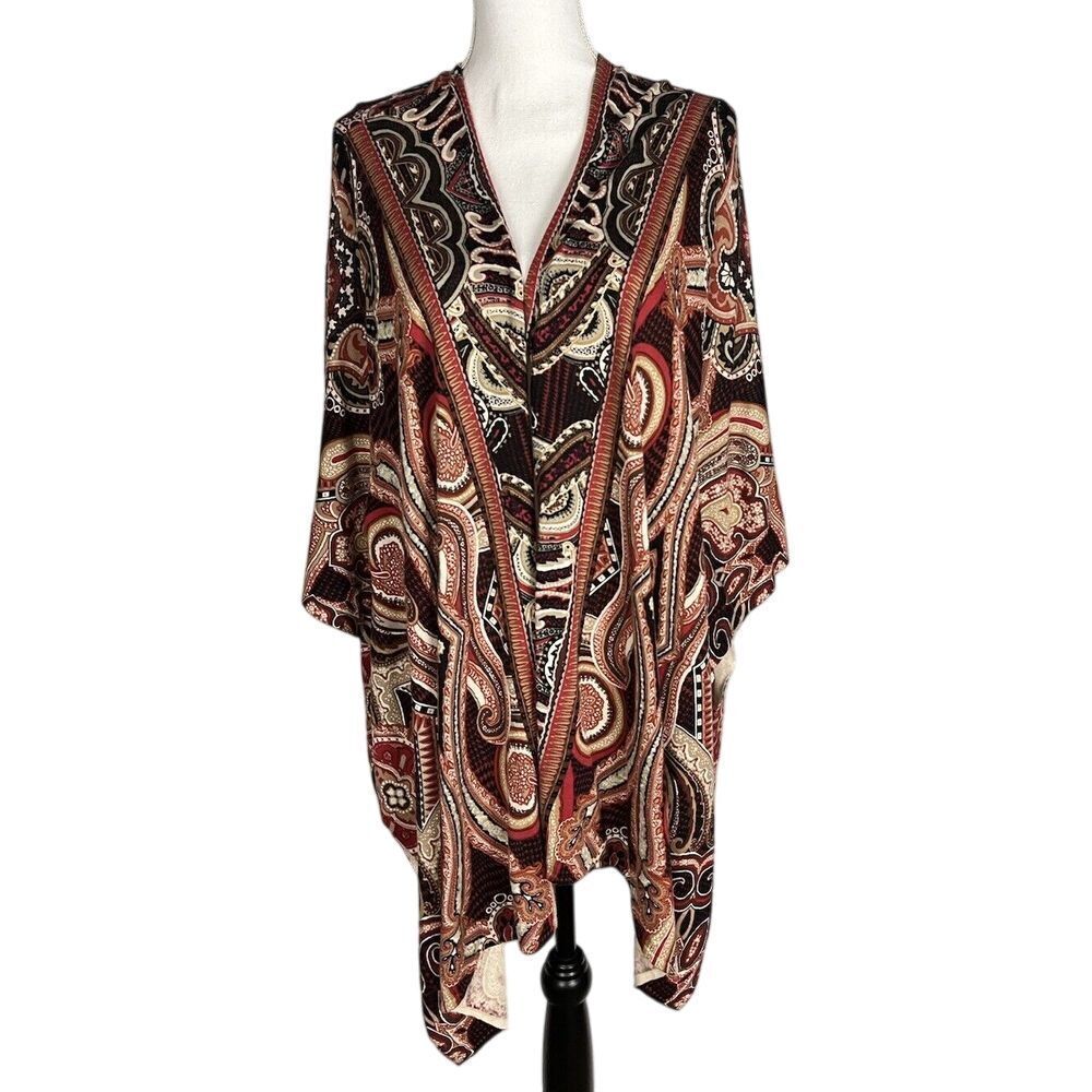 Chicos Shawl One Size Red Cream Brown Soft Geometric‎ Art Wear Poncho Cardigans